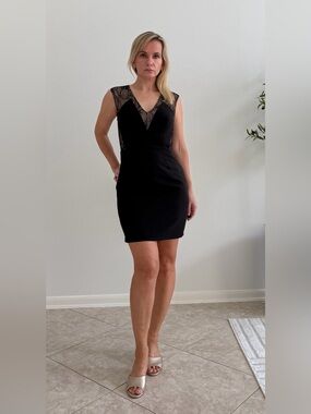 Tadashi Shoji Black Lace-Trim V-Neck Mini Dress